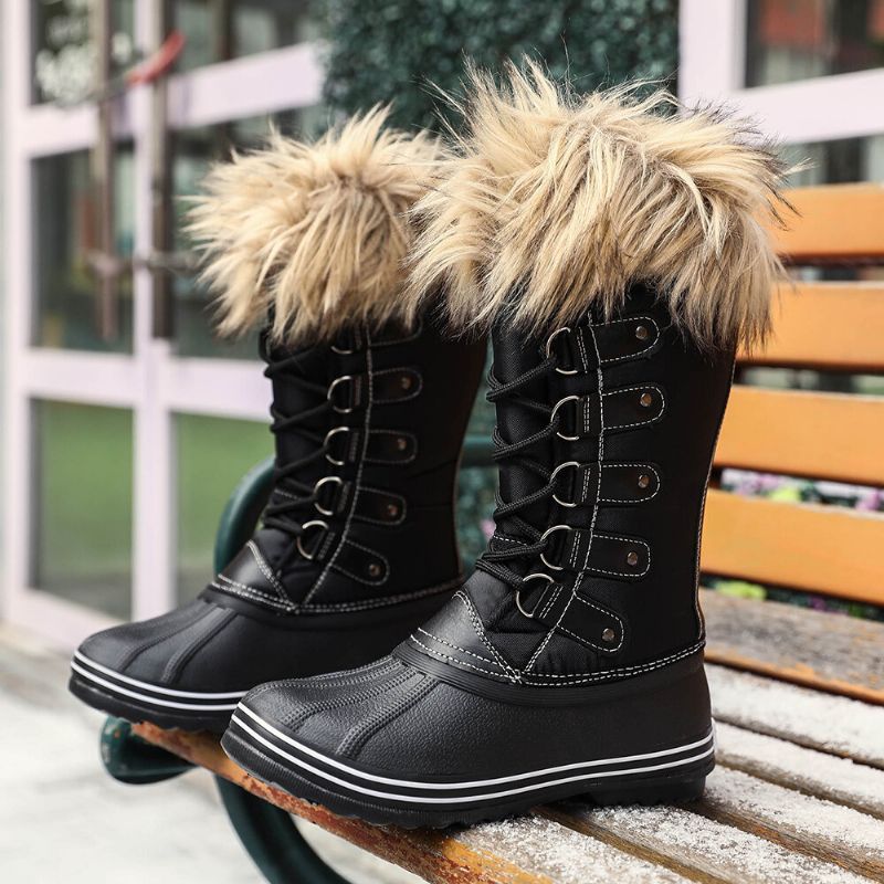 Botas De Nieve De Media Pantorrilla Con Tiras Cruzadas Resistentes A Los Resbalones Y Peludas Sólidas Para Mujer