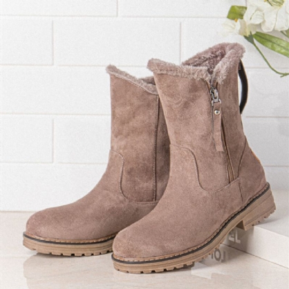 Botas De Nieve Planas Con Cremallera Lateral Y Punta Redonda De Gamuza Informal Para Mujer