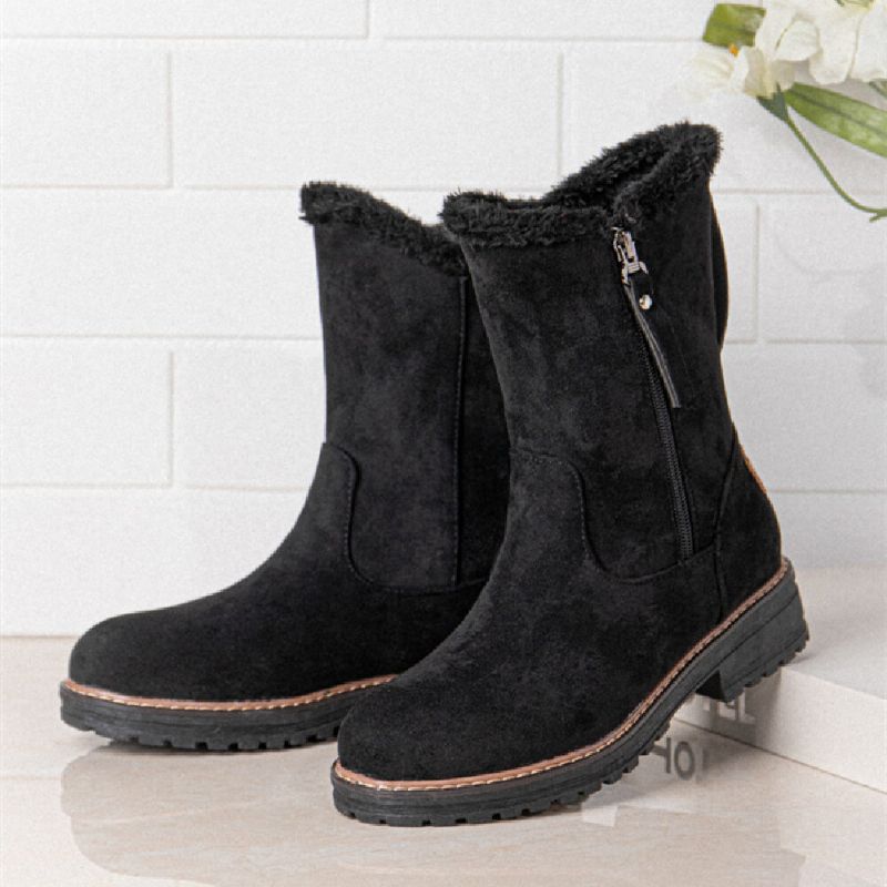 Botas De Nieve Planas Con Cremallera Lateral Y Punta Redonda De Gamuza Informal Para Mujer