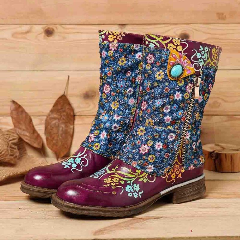 Botas Planas Con Cremallera De Costura Con Patrón De Flores Retro Para Mujer