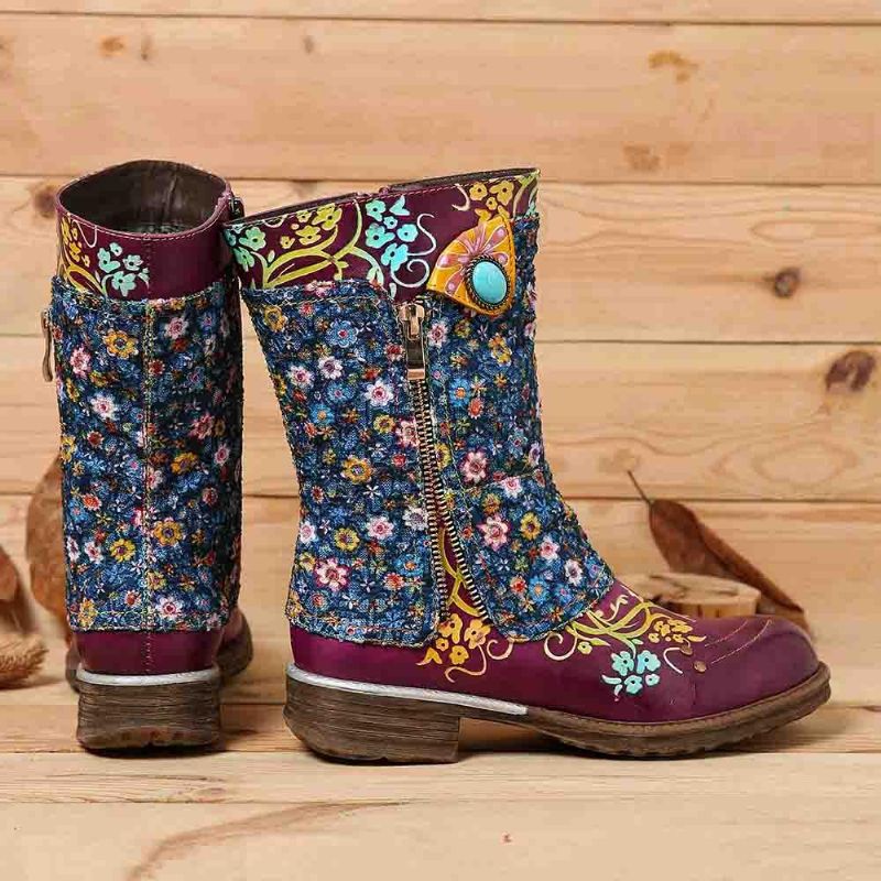 Botas Planas Con Cremallera De Costura Con Patrón De Flores Retro Para Mujer