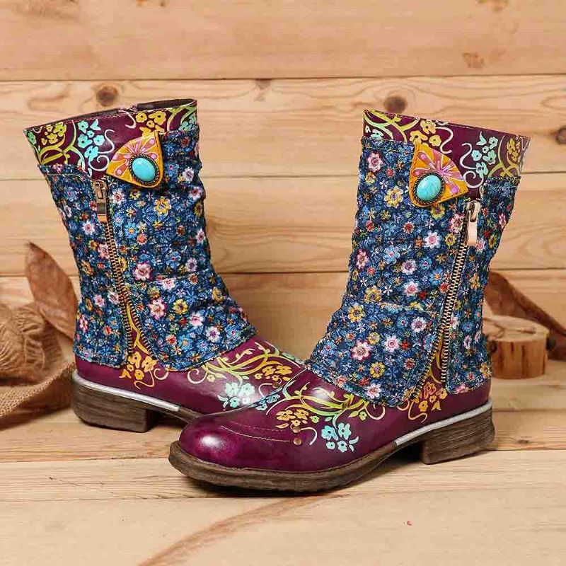 Botas Planas Con Cremallera De Costura Con Patrón De Flores Retro Para Mujer