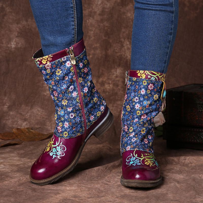 Botas Planas Con Cremallera De Costura Con Patrón De Flores Retro Para Mujer