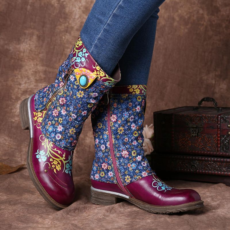 Botas Planas Con Cremallera De Costura Con Patrón De Flores Retro Para Mujer