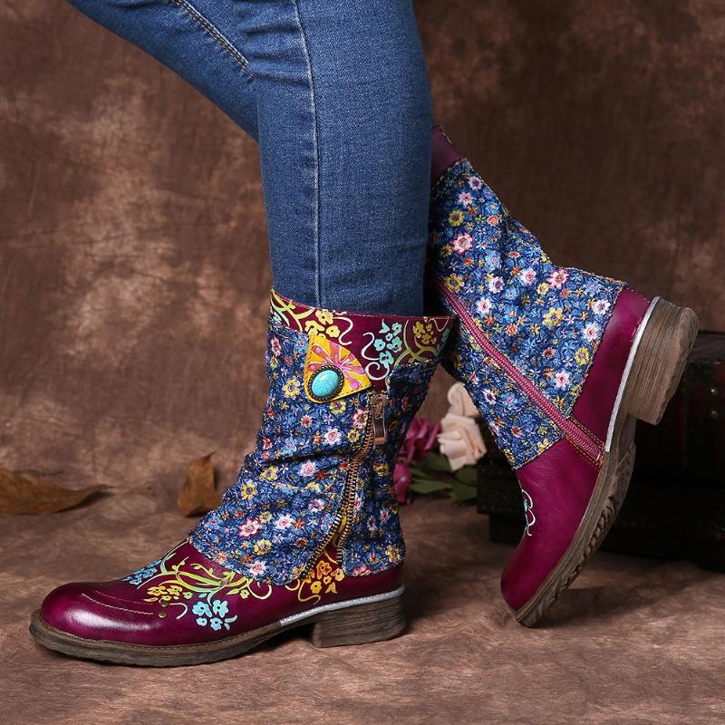 Botas Planas Con Cremallera De Costura Con Patrón De Flores Retro Para Mujer