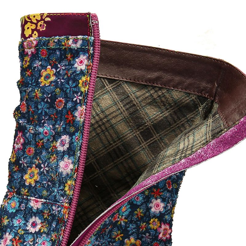 Botas Planas Con Cremallera De Costura Con Patrón De Flores Retro Para Mujer