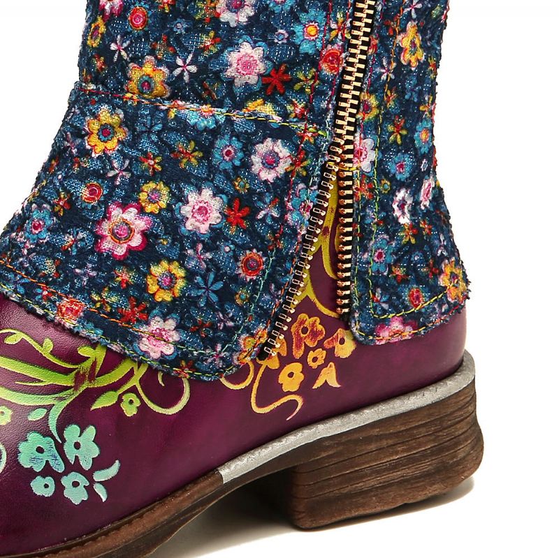 Botas Planas Con Cremallera De Costura Con Patrón De Flores Retro Para Mujer