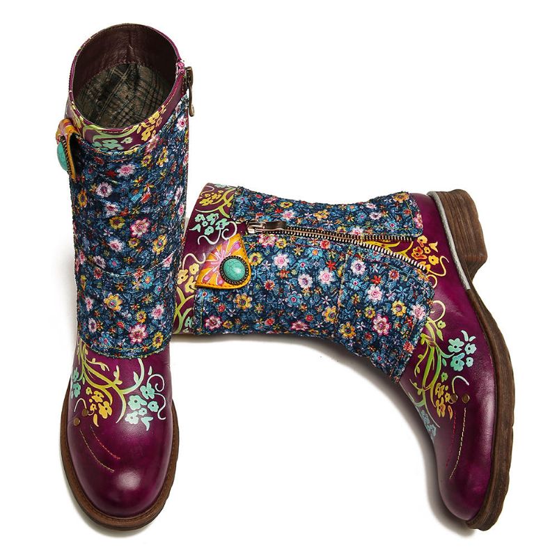 Botas Planas Con Cremallera De Costura Con Patrón De Flores Retro Para Mujer