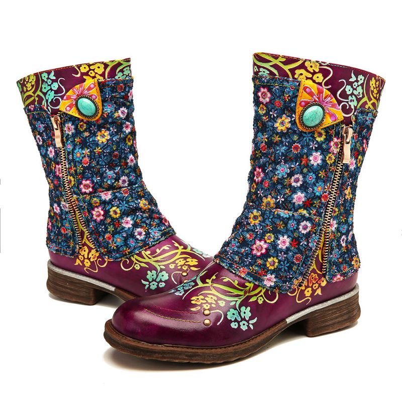 Botas Planas Con Cremallera De Costura Con Patrón De Flores Retro Para Mujer