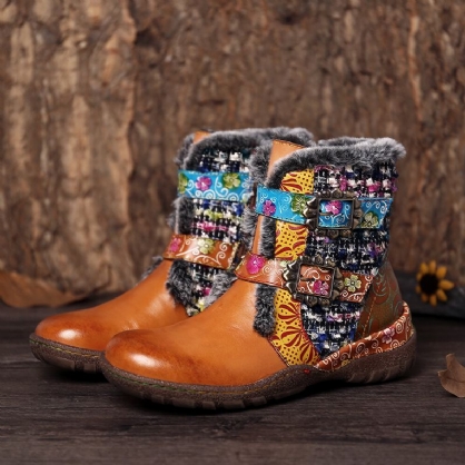 Botas Planas De Forro Cálido Con Costuras Coloridas De Cuero Genuino Súper Suave