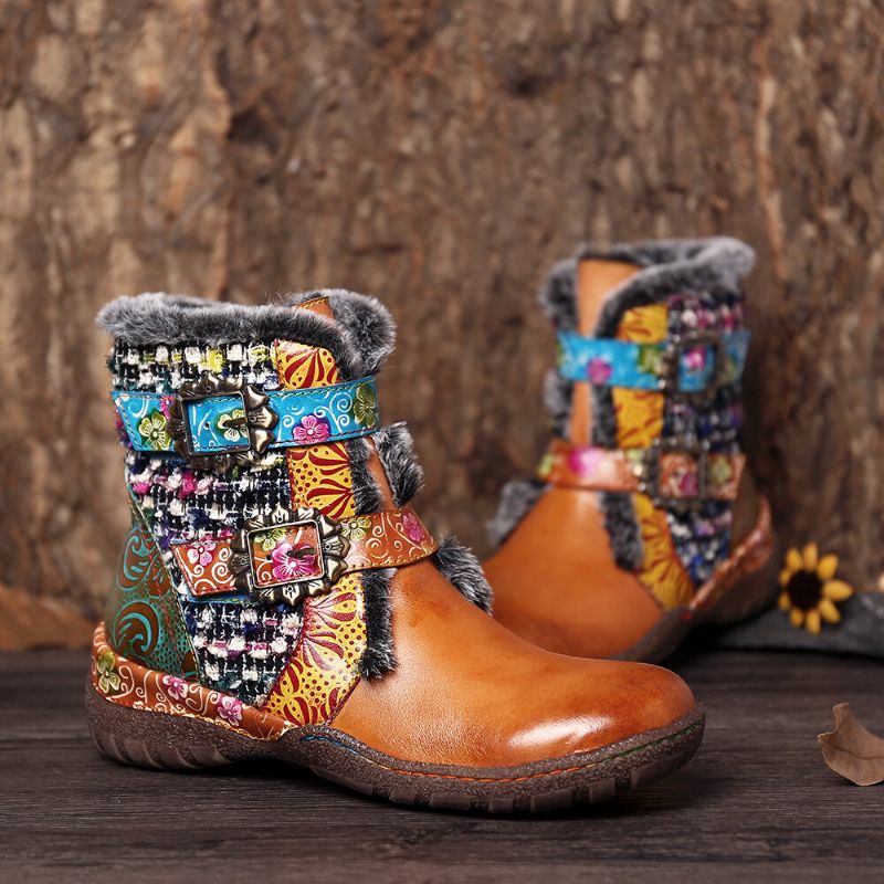 Botas Planas De Forro Cálido Con Costuras Coloridas De Cuero Genuino Súper Suave