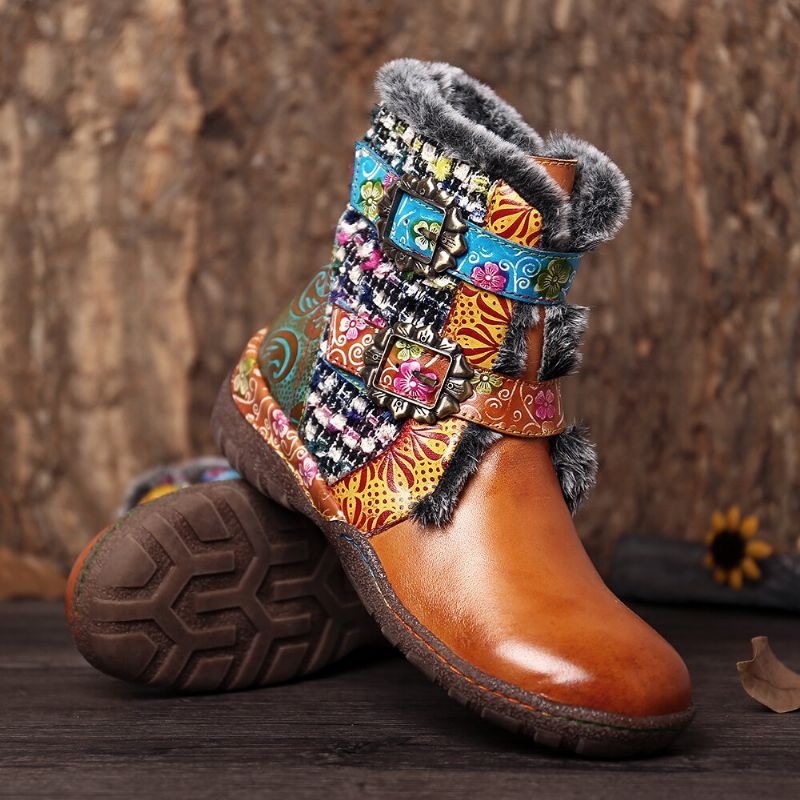 Botas Planas De Forro Cálido Con Costuras Coloridas De Cuero Genuino Súper Suave