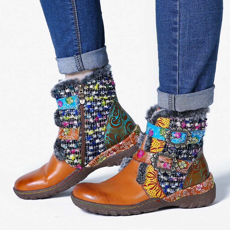 Botas Planas De Forro Cálido Con Costuras Coloridas De Cuero Genuino Súper Suave