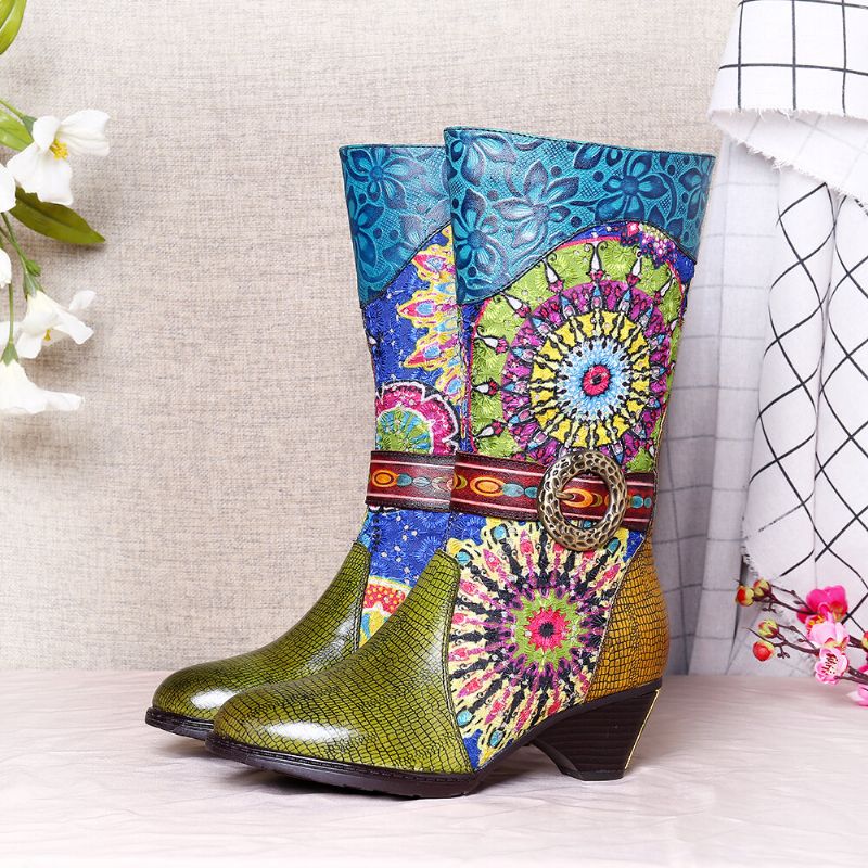 Botas De Punta Redonda De Invierno De Tacón Alto Con Patrón De Folkways Para Mujer