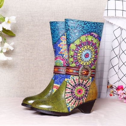 Botas De Punta Redonda De Invierno De Tacón Alto Con Patrón De Folkways Para Mujer