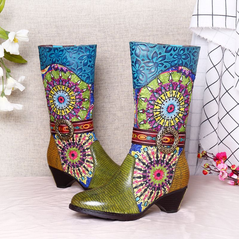 Botas De Punta Redonda De Invierno De Tacón Alto Con Patrón De Folkways Para Mujer