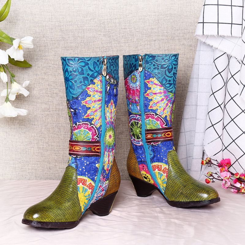 Botas De Punta Redonda De Invierno De Tacón Alto Con Patrón De Folkways Para Mujer