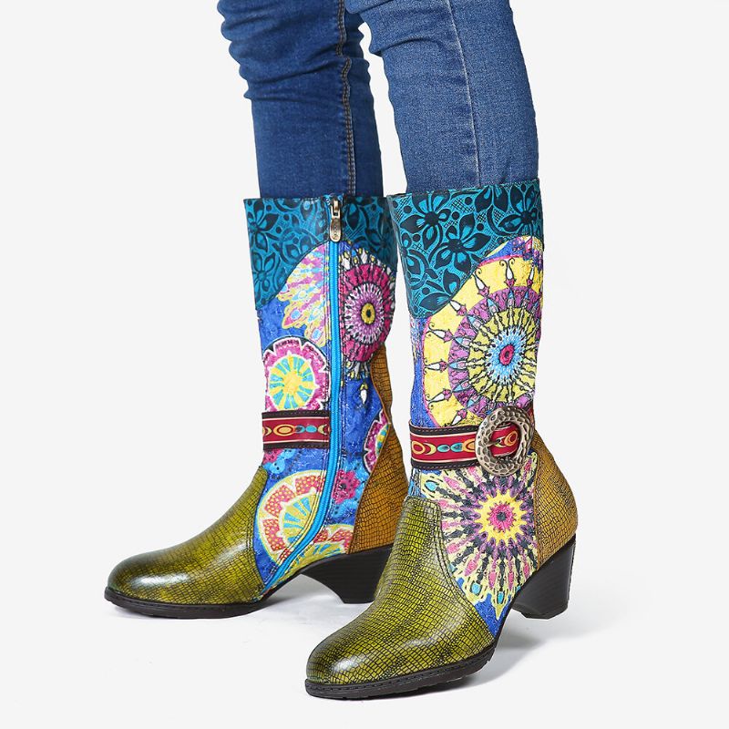 Botas De Punta Redonda De Invierno De Tacón Alto Con Patrón De Folkways Para Mujer