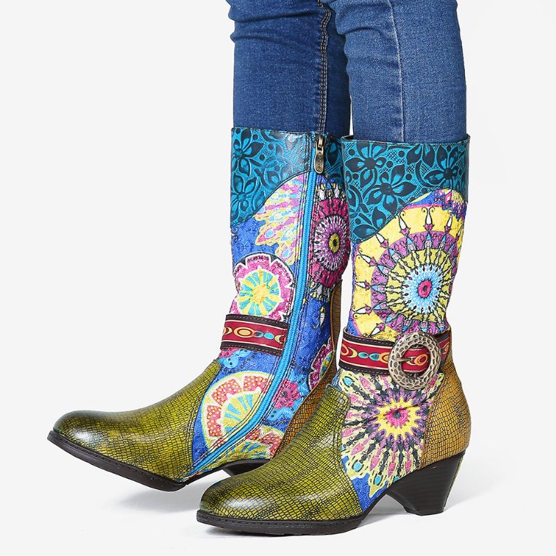 Botas De Punta Redonda De Invierno De Tacón Alto Con Patrón De Folkways Para Mujer