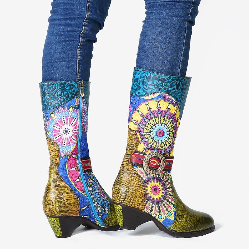 Botas De Punta Redonda De Invierno De Tacón Alto Con Patrón De Folkways Para Mujer