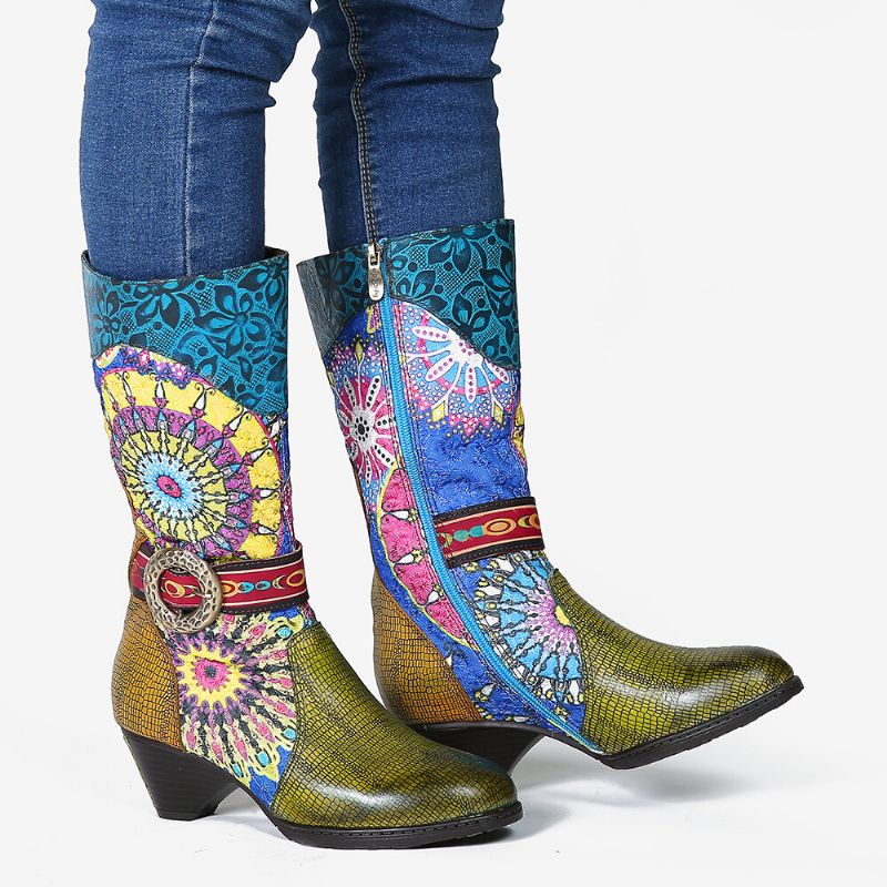 Botas De Punta Redonda De Invierno De Tacón Alto Con Patrón De Folkways Para Mujer