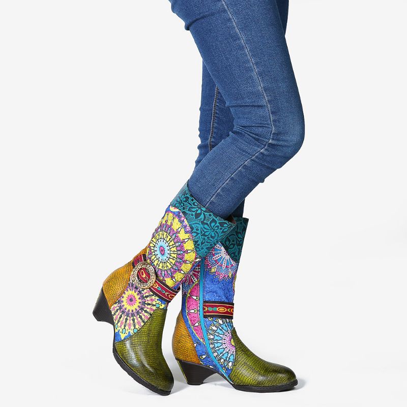 Botas De Punta Redonda De Invierno De Tacón Alto Con Patrón De Folkways Para Mujer