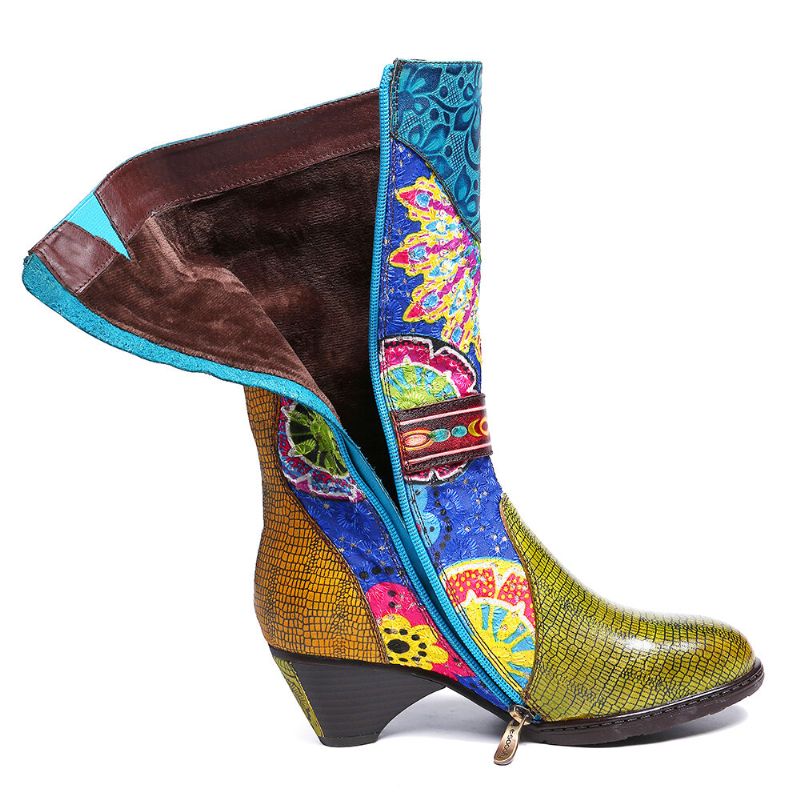 Botas De Punta Redonda De Invierno De Tacón Alto Con Patrón De Folkways Para Mujer