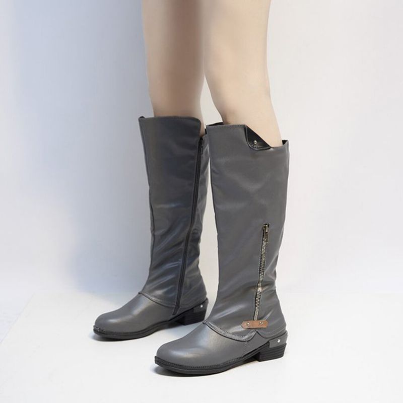 Botas De Rodilla De Tacón Bajo Con Cremallera Lateral Y Punta Redonda Para Mujer De Talla Grande