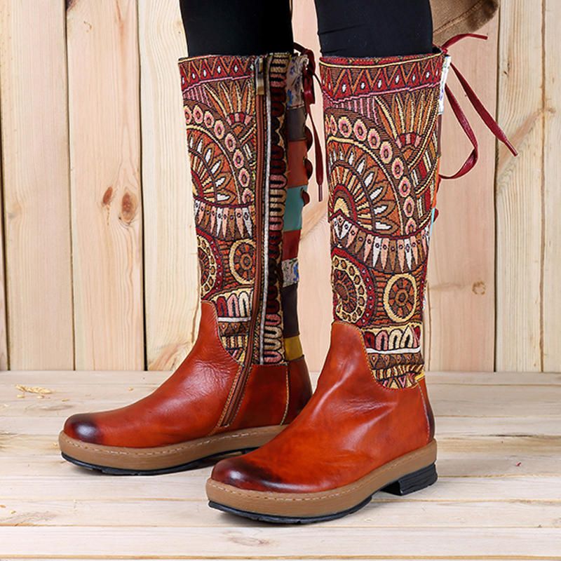 Botas Sobre La Rodilla Con Patrón De Empalme Folkways De Cuero Genuino Para Mujer