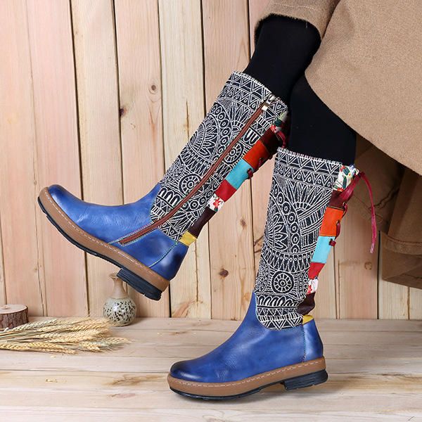 Botas Sobre La Rodilla Con Patrón De Empalme Folkways De Cuero Genuino Para Mujer