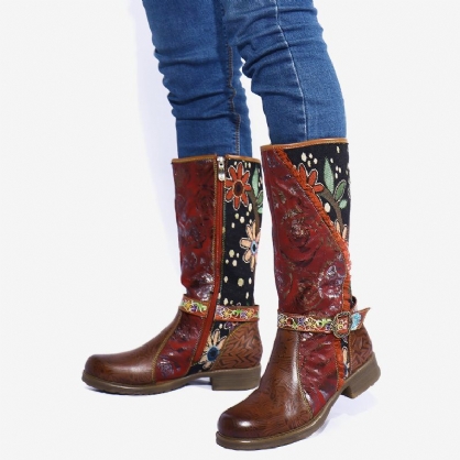 Botas De Tacón De Bloque A Media Pantorrilla Con Cremallera Decorativa Y Hebilla De Encaje Con Estampado Floral De Empalme Para Mujer