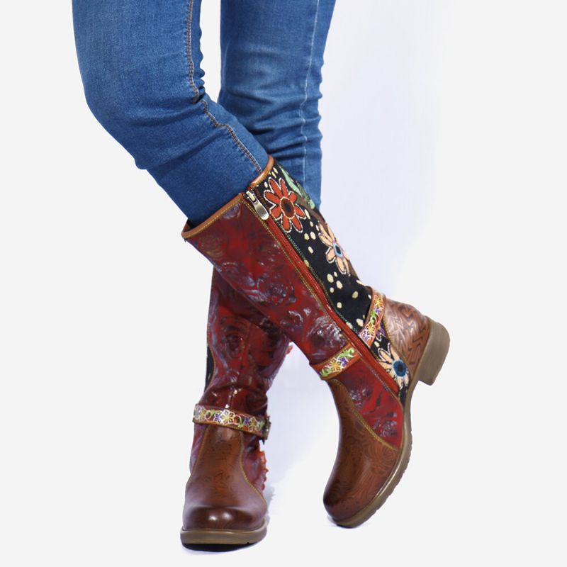 Botas De Tacón De Bloque A Media Pantorrilla Con Cremallera Decorativa Y Hebilla De Encaje Con Estampado Floral De Empalme Para Mujer