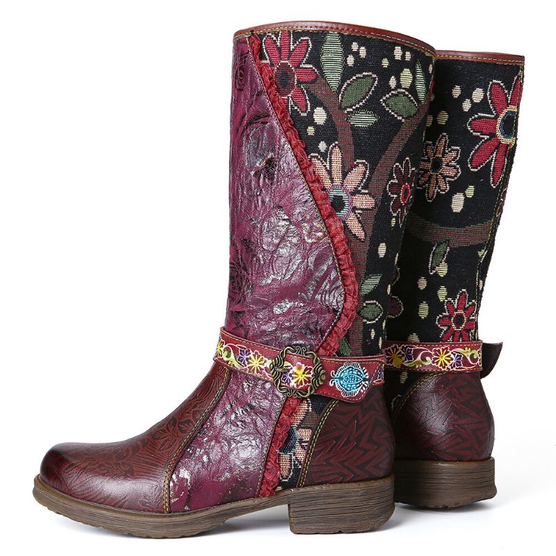 Botas De Tacón De Bloque A Media Pantorrilla Con Cremallera Decorativa Y Hebilla De Encaje Con Estampado Floral De Empalme Para Mujer