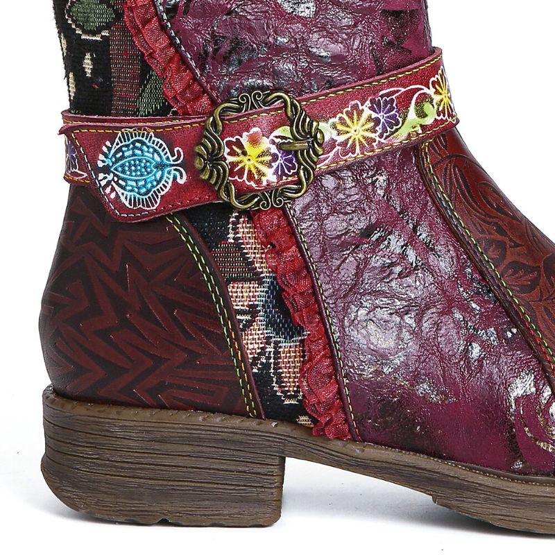 Botas De Tacón De Bloque A Media Pantorrilla Con Cremallera Decorativa Y Hebilla De Encaje Con Estampado Floral De Empalme Para Mujer