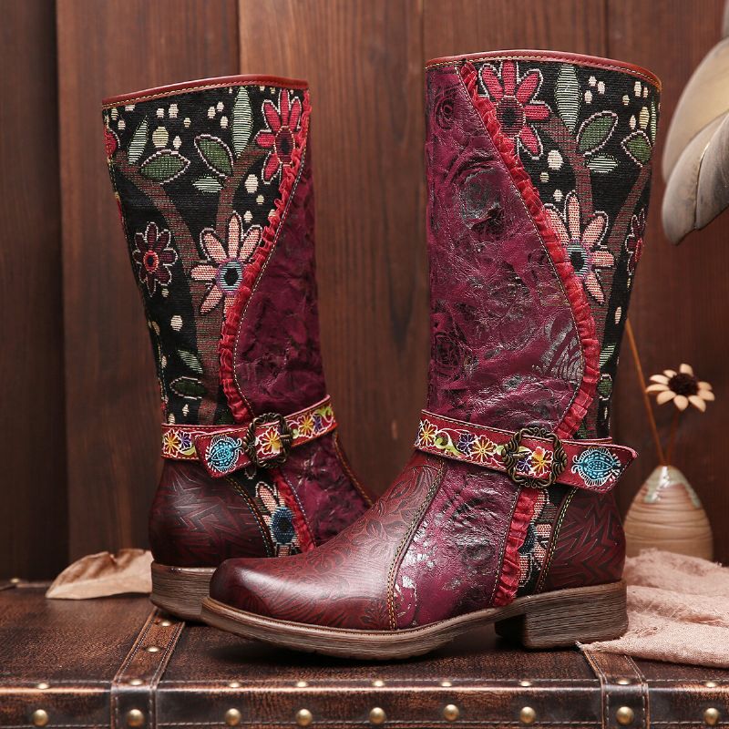 Botas De Tacón De Bloque A Media Pantorrilla Con Cremallera Decorativa Y Hebilla De Encaje Con Estampado Floral De Empalme Para Mujer