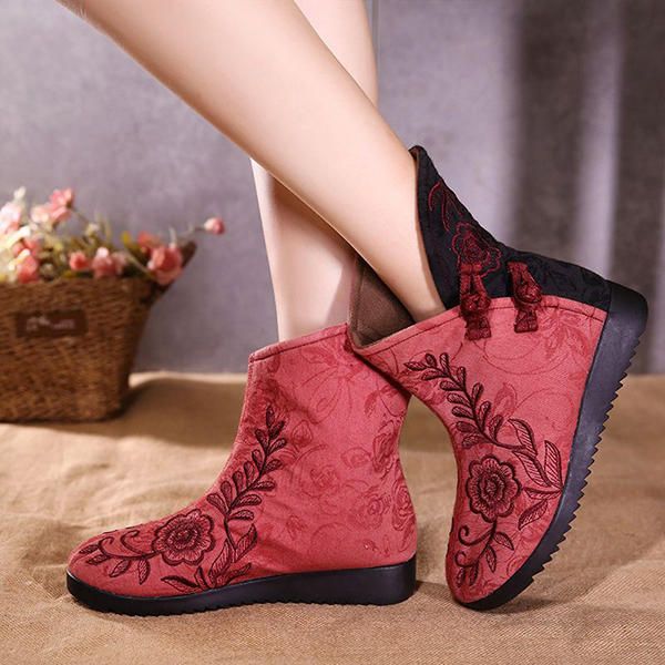 Botas De Tela De Algodón Bordadas Para Mujer Zapatos Casuales De Flores