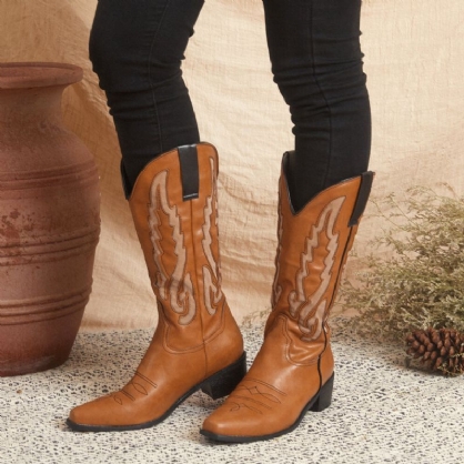 Botas Vaqueras De Tacón Grueso De Cuero Con Diseño Elegante De Gran Tamaño Para Mujer