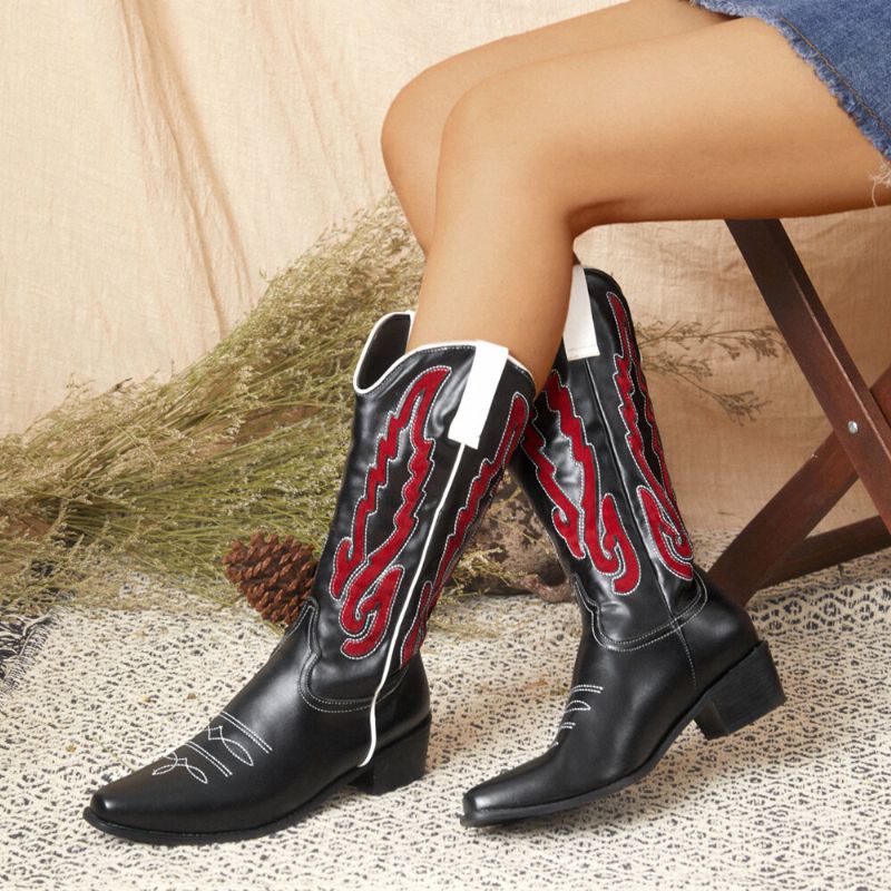 Botas Vaqueras De Tacón Grueso De Cuero Con Diseño Elegante De Gran Tamaño Para Mujer