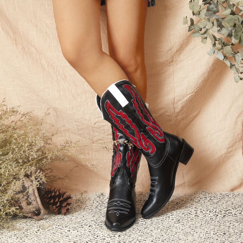 Botas Vaqueras De Tacón Grueso De Cuero Con Diseño Elegante De Gran Tamaño Para Mujer