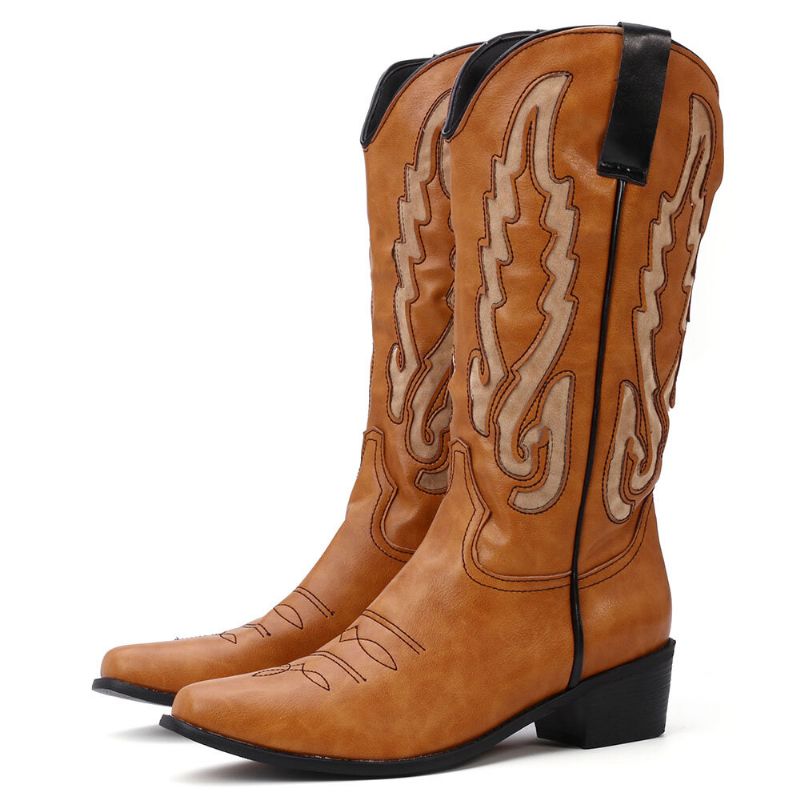 Botas Vaqueras De Tacón Grueso De Cuero Con Diseño Elegante De Gran Tamaño Para Mujer