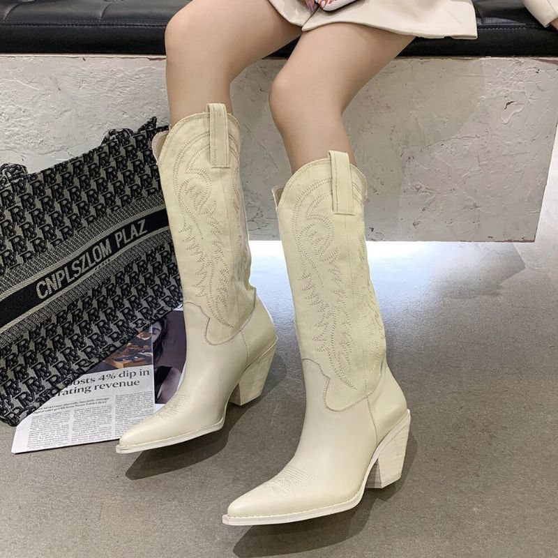 Botas De Vaquero Altas Bordadas Con Punta Puntiaguda Y Tacón Grueso Para Mujer