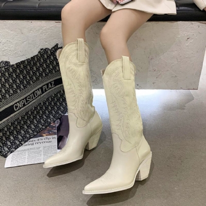 Botas De Vaquero Altas Bordadas Con Punta Puntiaguda Y Tacón Grueso Para Mujer