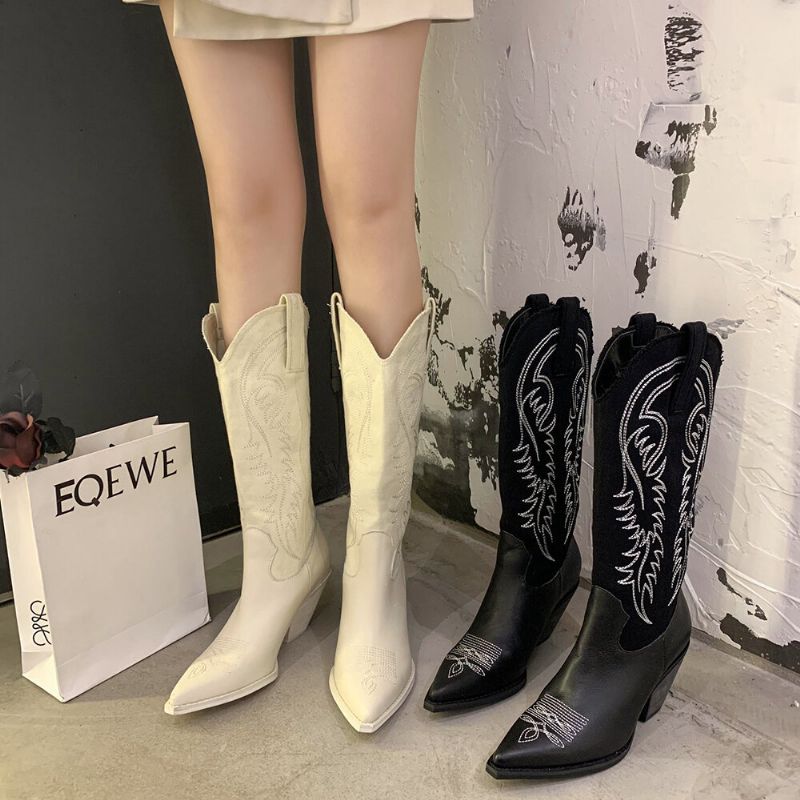 Botas De Vaquero Altas Bordadas Con Punta Puntiaguda Y Tacón Grueso Para Mujer