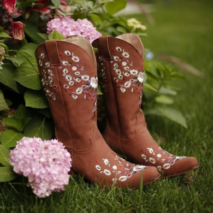 Botas De Vaquero Bordadas Con Flores Retro De Gran Tamaño Para Mujer