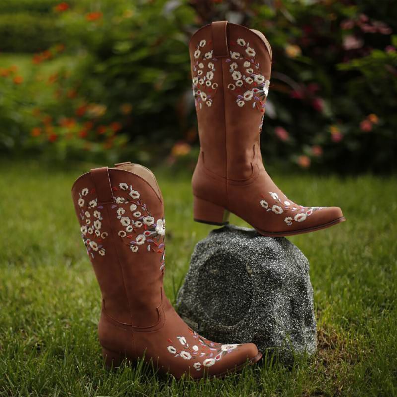 Botas De Vaquero Bordadas Con Flores Retro De Gran Tamaño Para Mujer