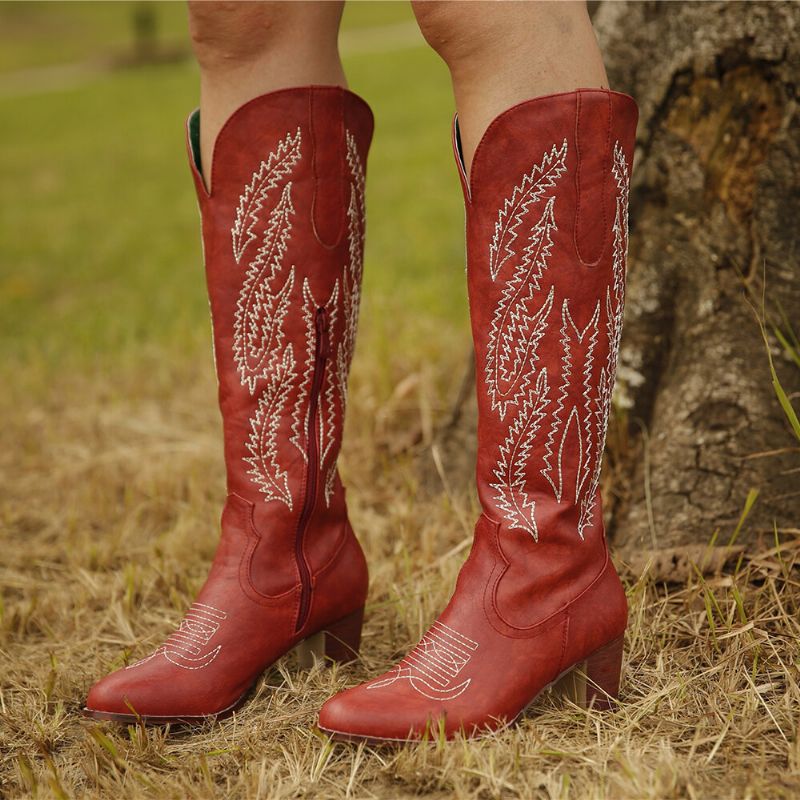 Botas De Vaquero Con Cremallera De Tacón Grueso Bordadas Con Punta Puntiaguda Roja Retro De Talla Grande Para Mujer