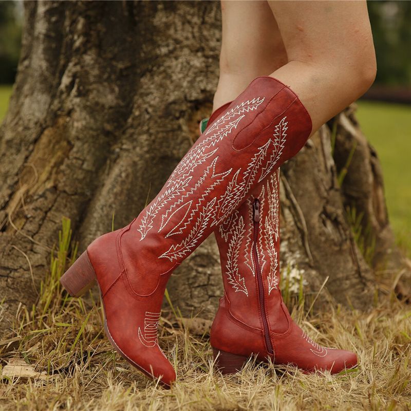 Botas De Vaquero Con Cremallera De Tacón Grueso Bordadas Con Punta Puntiaguda Roja Retro De Talla Grande Para Mujer