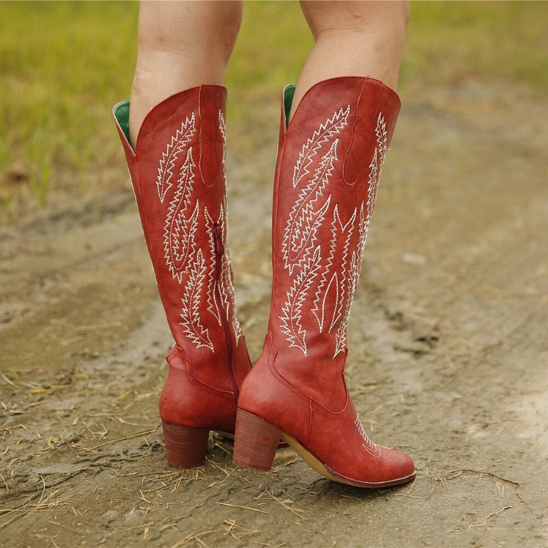 Botas De Vaquero Con Cremallera De Tacón Grueso Bordadas Con Punta Puntiaguda Roja Retro De Talla Grande Para Mujer