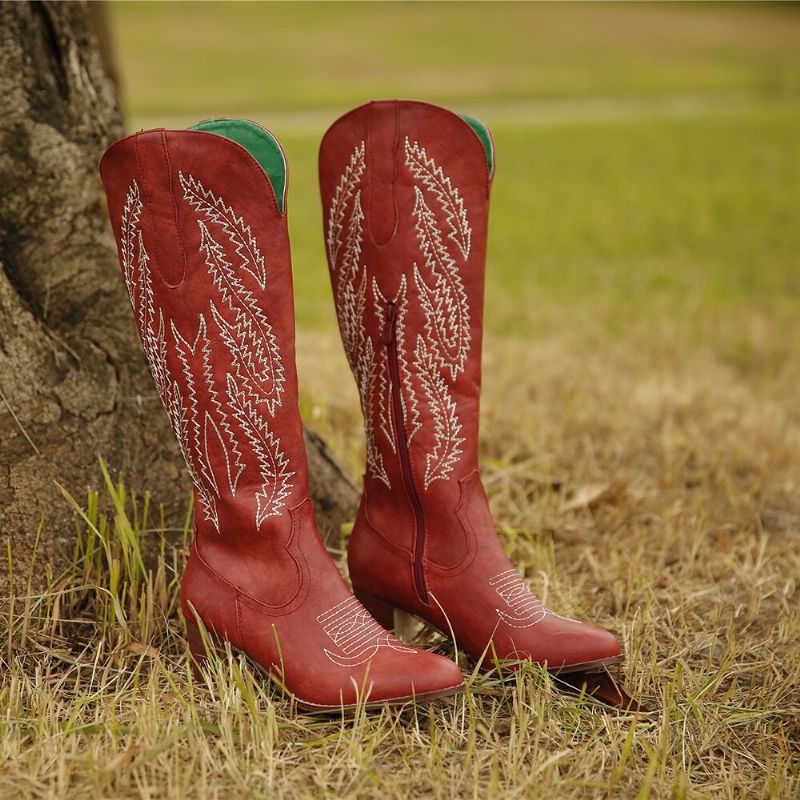 Botas De Vaquero Con Cremallera De Tacón Grueso Bordadas Con Punta Puntiaguda Roja Retro De Talla Grande Para Mujer