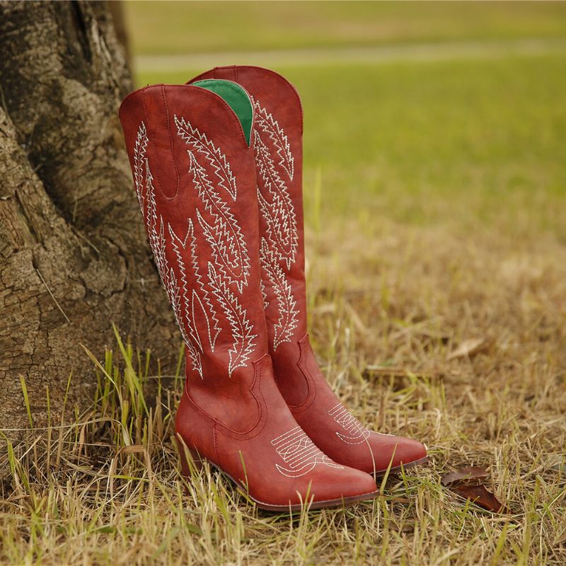 Botas De Vaquero Con Cremallera De Tacón Grueso Bordadas Con Punta Puntiaguda Roja Retro De Talla Grande Para Mujer